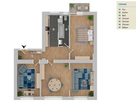 Hochwertig sanierte ruhige 1.OG 3ZKDBB+EBK, Pinienboden, Tageslichtbad, Süd-Balkon, Unterbilk