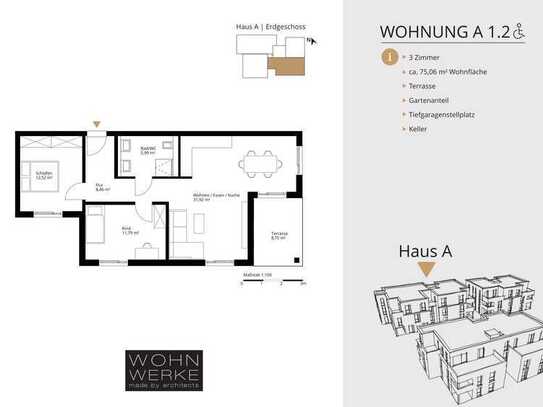 Whg A 1.2. - 3 Zimmer - Erdgeschoss mit Süd-Terrasse und ca. 120 m² Gartenanteil - barrierefrei