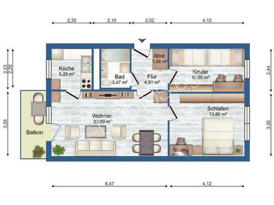 Gemütliche 3-Zimmer-Wohnung im 1. Obergeschoss mit Balkon und Badewanne