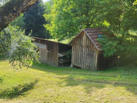 Landwirtschaftsfläche mit Gartenhütten