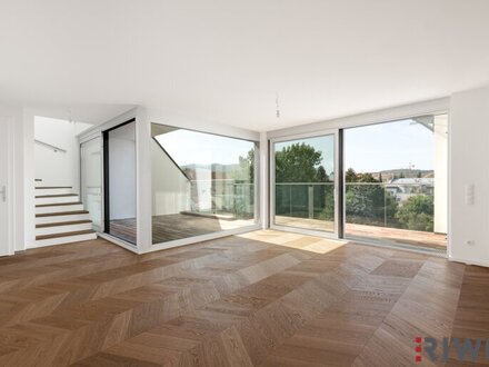 AUSBLICK PUR II DACHGESCHOSSMAISONETTE II ERSTBEZUG II KÜCHE MIT KOCHINSEL II TERRASSE+BALKON+ATRIUM II 4 ZIMMER II TOP…