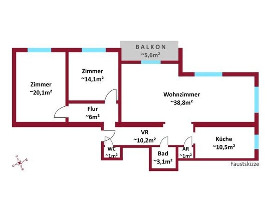 Absolute Ruhelage mit Balkon! - Großes Wohnzimmer ca. 39m²! - ideale Raumaufteilung! - 2 Bäder möglich!