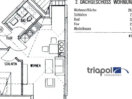 Helle 2-Zi.-Whg. im Dachgeschoss mit Laminatboden und Teslichtbad. - triapol Immobilien