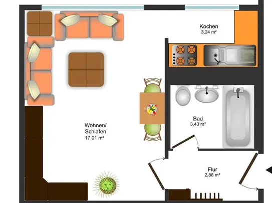 funktionale 1-Raum-Wohnung mit Zeitmietvertrag