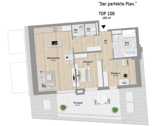 An der Sonnenseite. Helle 3-Zimmer Wohnung mit Terrasse in der Nähe der Donau-Auen. Bezugsfertig