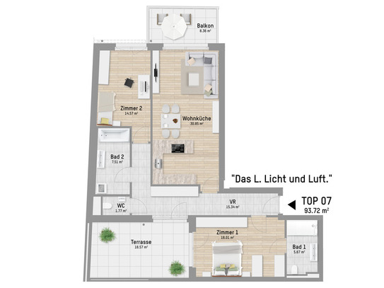 Durchdachte 3-Zimmer Wohnung mit ganz viel Licht, Balkon und eigener Terrasse - inkl. Deckenkühlung