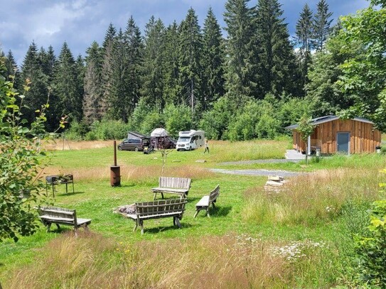 Campingplatz, Ferienhäuser, Betreiberwohnung (1.Wohnsitz). Absolute Alleinlage mitten im Wald.