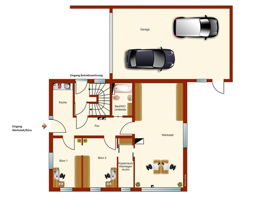 Gewerberäume als Werkstatt/Büro und Lager 121 m²/2,70m h, sowie eine unbeheizte Halle 70 m²