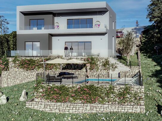 KOSTRENA, GLAVANI – moderne Villa im Bau 197m2 mit Panoramablick auf das Meer und Pool + Umgebung 600m2