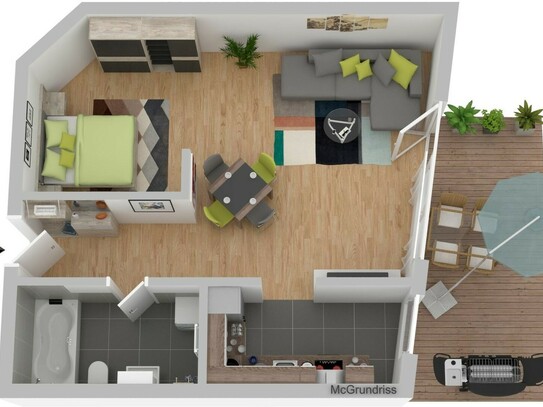 außergewöhnliche 1,5-2 Zimmer-Wohnung, möbliert, mega Dachterrasse, neues Bad, EBK, Klima