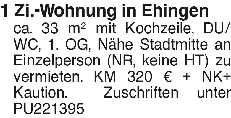                                                               1 Zi.- Wohnung in Ehingen                                                       in Ehingen (Augsburg)