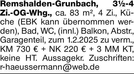 Remshalden-Grunbach, 3½-4 Zi.-OG-Whg., ca. 83 m², 4 Zi., Küche (EBK kann...