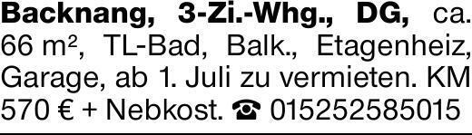 Backnang, 3-Zi.-Whg., DG, ca. 66 m², TL-Bad, Balk., Etagenheiz, Garage,...
