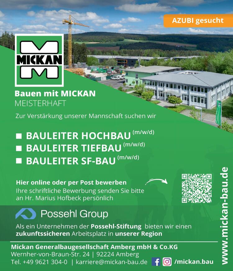 Wir suchen Verst&auml;rkung f&uuml;r unsere Mannschaft.&nbsp;
Werde Bauleiter f&uuml;r Hochbau, Tiefbau oder SF-Bau und unterst&uuml;tze uns bei unseren Projekten mit deiner Expertise.&nbsp;

Jetzt bei Mickan Bau in Amberg bewerben und Teil eines Tollen Teams werden!&nbsp;