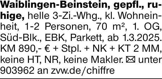 Waiblingen-Beinstein, gepfl., ruhige, helle 3-Zi.-Whg., kl. Wohneinheit,...