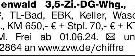 Auenwald 3,5-Zi.-DG-Whg., 59 m², TL-Bad, EBK, Keller, Wasch- Kü., KM 650,-...