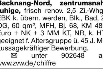 Backnang-Nord, zentrumsnah, ruhige, frisch renov. 2,5 Zi.-Whg., EBK k....