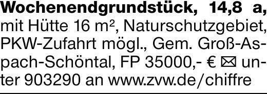 Wochenendgrundstück, 14,8 a, mit Hütte 16 m², Naturschutzgebiet, PKW-Zufahrt...