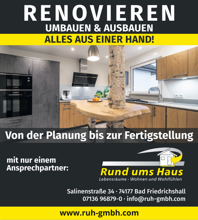 Flyer des Unternehmens "Rund ums Haus" wirbt für das Renovieren, umbauen und ausbauen einer Immobilie.