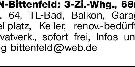 WN-Bittenfeld: 3-Zi.-Whg., 68m² BJ. 64, TL-Bad, Balkon, Garage, Stellplatz,...