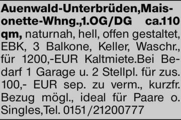 Auenwald-Unterbrüden,Maisonette-Whng.,1.OG/DG ca.110 qm, naturnah, hell,...