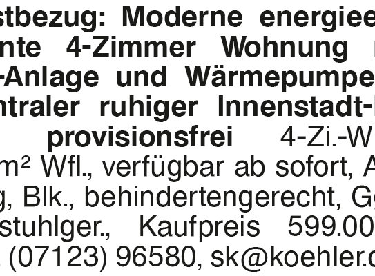 Erstbezug: Moderne energieeffiziente 4-Zimmer Wohnung mit PV-Anlage und Wärmepumpe in zentraler ruhiger Innenstadt-Lage…