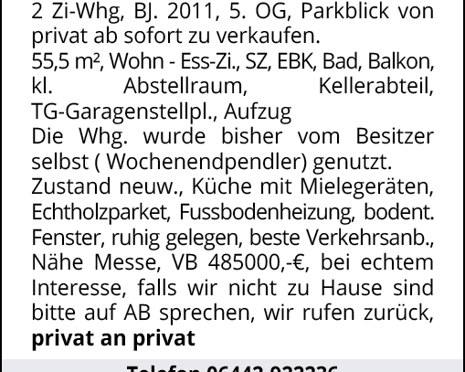 Frankfurt/Main – Rebstockpark 2 Zi-Whg, BJ. 2011, 5. OG, Parkblick von privat ab sofort zu verkaufen.