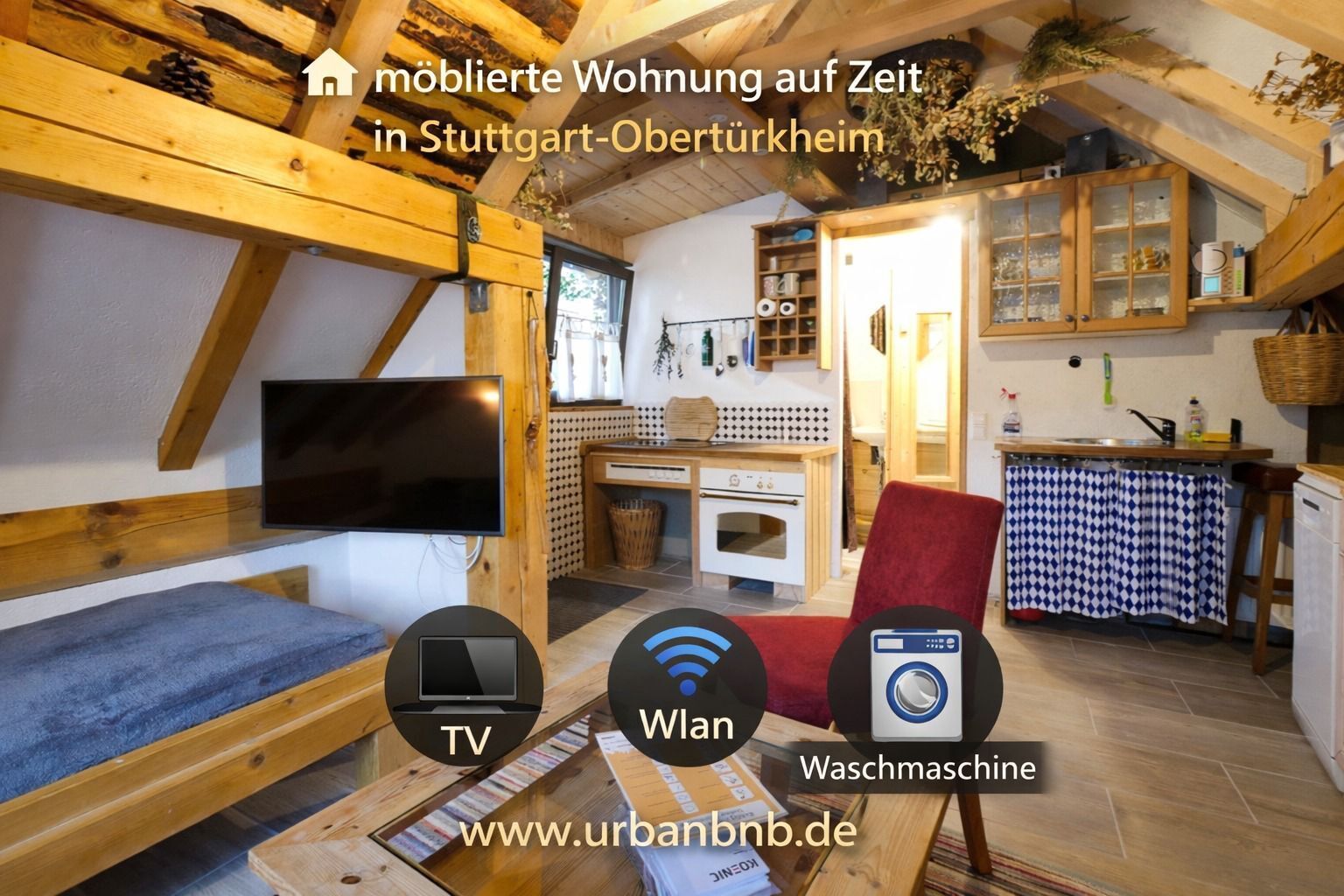 1-Zimmerwohnung mit TV, Wlan, Dusche/Wc, Küche, Waschmaschine, Trockner, Terrasse