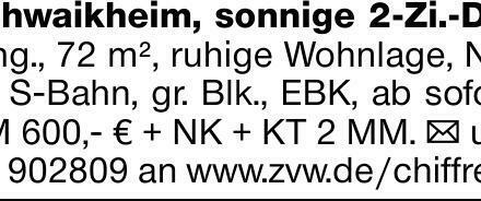 Schwaikheim, sonnige 2-Zi.-DG. Whg., 72 m², ruhige Wohnlage, Nähe S-Bahn,...