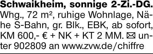 Schwaikheim, sonnige 2-Zi.-DG. Whg., 72 m², ruhige Wohnlage, Nähe S-Bahn,...