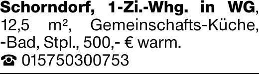 Schorndorf, 1-Zi.-Whg. in WG, 12,5 m², Gemeinschafts-Küche, -Bad, Stpl.,...