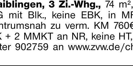 Waiblingen, 3 Zi.-Whg., 74 m², 2. OG mit Blk., keine EBK, in MFH, zentrumsnah...