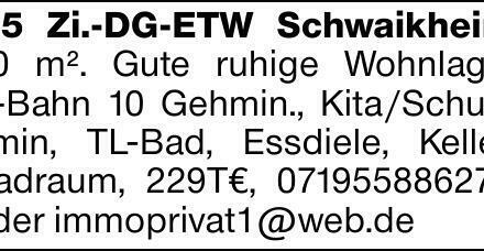 3,5 Zi.-DG-ETW Schwaikheim 70 m². Gute ruhige Wohnlage, S-Bahn 10 Gehmin.,...