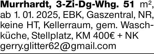 Murrhardt, 3-Zi-Dg-Whg. 51 m², ab 1. 01. 2025, EBK, Gaszentral, NR, keine...