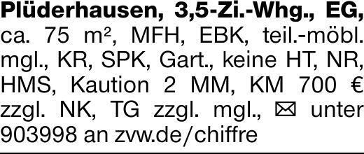 Plüderhausen, 3,5-Zi.-Whg., EG, ca. 75 m², MFH, EBK, teil.-möbl. mgl.,...