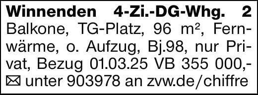 Winnenden 4-Zi.-DG-Whg. 2 Balkone, TG-Platz, 96 m², Fernwärme, o. Aufzug,...