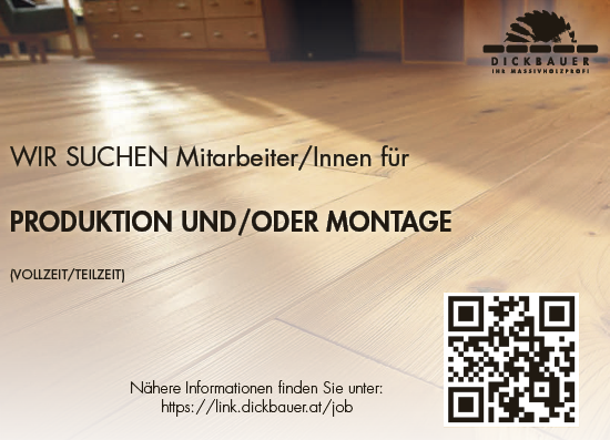 WIR SUCHEN Mitarbeiter/Innen f&uuml;r&nbsp;PRODUKTION UND/ODER MONTAGEN&auml;here Informationen finden Sie unter:https://link.dickbauer.at/job(VOLLZEIT/TEILZEIT)WIR SUCHEN Mitarbeiter/Innen f&uuml;r&nbsp;PRODUKTION UND/ODER MONTAGE
N&auml;here Informationen finden Sie unter:https://link.dickbauer.at/job(VOLLZEIT/TEILZEIT)
