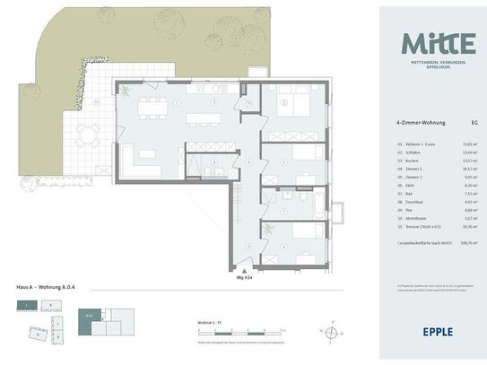 Auffallend schöner Grundriss mit großem Wohn/Essbereich und Terrasse mit Garten über Eck