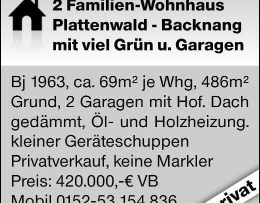 2 Familien-WohnhausPlattenwald - Backnangmit viel Grün u. GaragenBj 1963,...