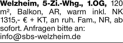 Welzheim, 5-Zi.-Whg., 1.OG, 120 m², Balkon, AR, warm inkl. NK 1315,- €...