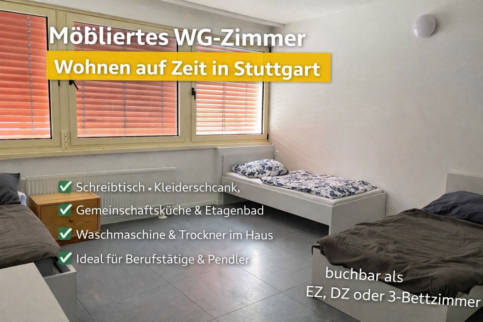 WG-Zimmer im Gästehaus mit WLAN, Etagen-Dusche/WC & Gemeinschaftsküche, Waschmaschine + Trockner