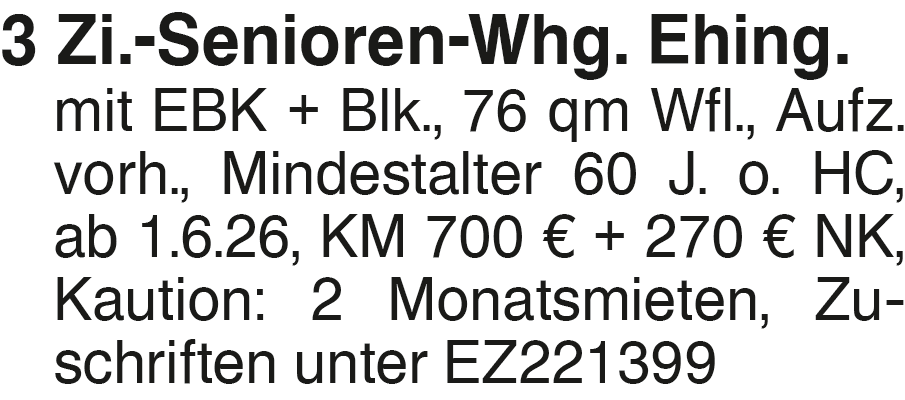                                                               3 Zi.-Senioren Wohung Ehingen                                                       in Ehingen (Augsburg)