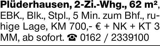 Plüderhausen, 2-Zi.-Whg., 62 m², EBK., Blk., Stpl., 5 Min. zum Bhf., ruhige...