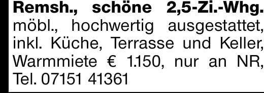 Remsh., schöne 2,5-Zi.-Whg. möbl., hochwertig ausgestattet, inkl. Küche,...