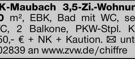 BK-Maubach 3,5-Zi.-Wohnung 90 m², EBK, Bad mit WC, sep. WC, 2 Balkone,...