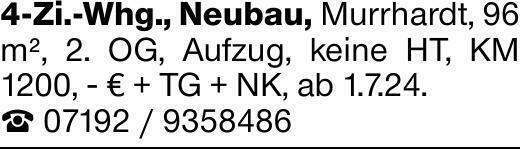 4-Zi.-Whg., N eubau, Murrhardt, 96 m², 2. OG, Aufzug, keine HT, KM 1200,...