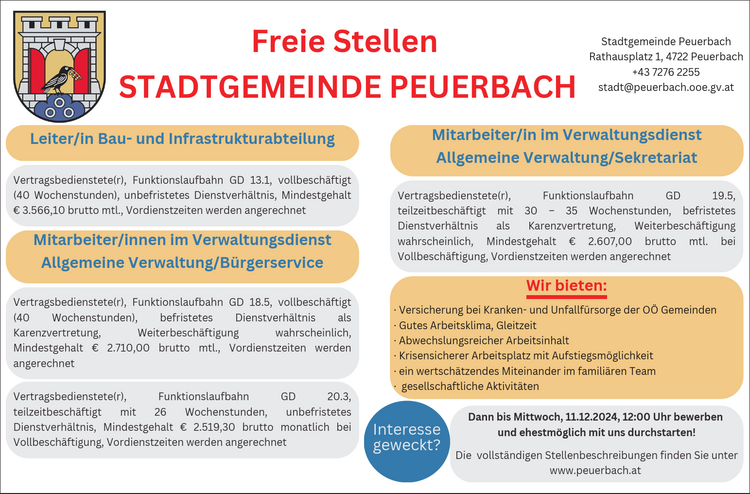 Leiter/in Bau- und Infrastrukturabteilung Mitarbeiter/in im Verwaltungsdienst&nbsp;Allgemeine Verwaltung/SekretariatVertragsbedienstete(r), Funktionslaufbahn GD 13.1, vollbesch&auml;ftigt(40 Wochenstunden), unbefristetes Dienstverh&auml;ltnis, Mindestgehalt&euro; 3.566,10 brutto mtl., Vordienstzeiten werden angerechnetMitarbeiter/innen im VerwaltungsdienstAllgemeine Verwaltung/B&uuml;rgerserviceVertragsbedienstete(r), Funktionslaufbahn GD 18.5, vollbesch&auml;ftigt(40 Wochenstunden), befristetes Dienstverh&auml;ltnis alsKarenzvertretung, Weiterbesch&auml;ftigung wahrscheinlich,Mindestgehalt &euro; 2.710,00 brutto mtl., Vordienstzeiten werdenangerechnetVertragsbedienstete(r), Funktionslaufbahn GD 20.3,teilzeitbesch&auml;ftigt mit 26 Wochenstunden, unbefristetesDienstverh&auml;ltnis, Mindestgehalt &euro; 2.519,30 brutto monatlich beiVollbesch&auml;ftigung, Vordienstzeiten werden angerechnetDann bis Mittwoch, 11.12.2024, 12:00 Uhr bewerbenund ehestm&ouml;glich mit uns durchstarten!Die vollst&auml;ndigen Stellenbeschreibungen finden Sie unterwww.peuerbach.atWir bieten:&middot; Versicherung bei Kranken- und Unfallf&uuml;rsorge der O&Ouml; Gemeinden&middot; Gutes Arbeitsklima, Gleitzeit&middot; Abwechslungsreicher Arbeitsinhalt&middot; Krisensicherer Arbeitsplatz mit Aufstiegsm&ouml;glichkeit&middot; ein wertsch&auml;tzendes Miteinander im famili&auml;ren Team&middot; gesellschaftliche Aktivit&auml;tenInteressegeweckt?Freie StellenSTADTGEMEINDE PEUERBACHVertragsbedienstete(r), Funktionslaufbahn GD 19.5,teilzeitbesch&auml;ftigt mit 30 &ndash; 35 Wochenstunden, befristetesDienstverh&auml;ltnis als Karenzvertretung, Weiterbesch&auml;ftigungwahrscheinlich, Mindestgehalt &euro; 2.607,00 brutto mtl. beiVollbesch&auml;ftigung, Vordienstzeiten werden angerechnetStadtgemeinde PeuerbachRathausplatz 1, 4722 Peuerbach+43 7276 2255stadt@peuerbach.ooe.gv.at