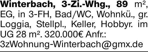 Winterbach, 3-Zi.-Whg., 89 m², EG, in 3-FH, Bad/WC, Wohnkü., gr. Loggia,...