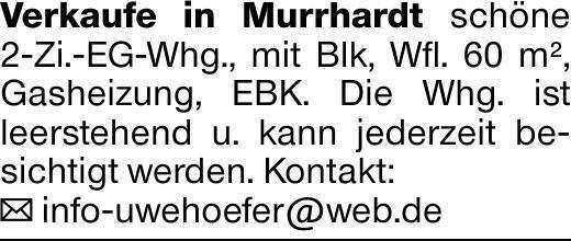 Verkaufe in Murrhardt schöne 2-Zi.-EG-Whg., mit Blk, Wfl. 60 m², Gasheizung,...