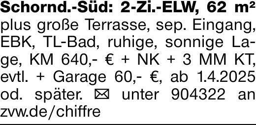 Schornd.-Süd: 2-Zi.-ELW, 62 m² plus große Terrasse, sep. Eingang, EBK,...